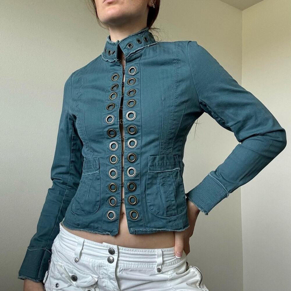 Vintage y2k gadzooks teal blue fitted jacket with grommet detail